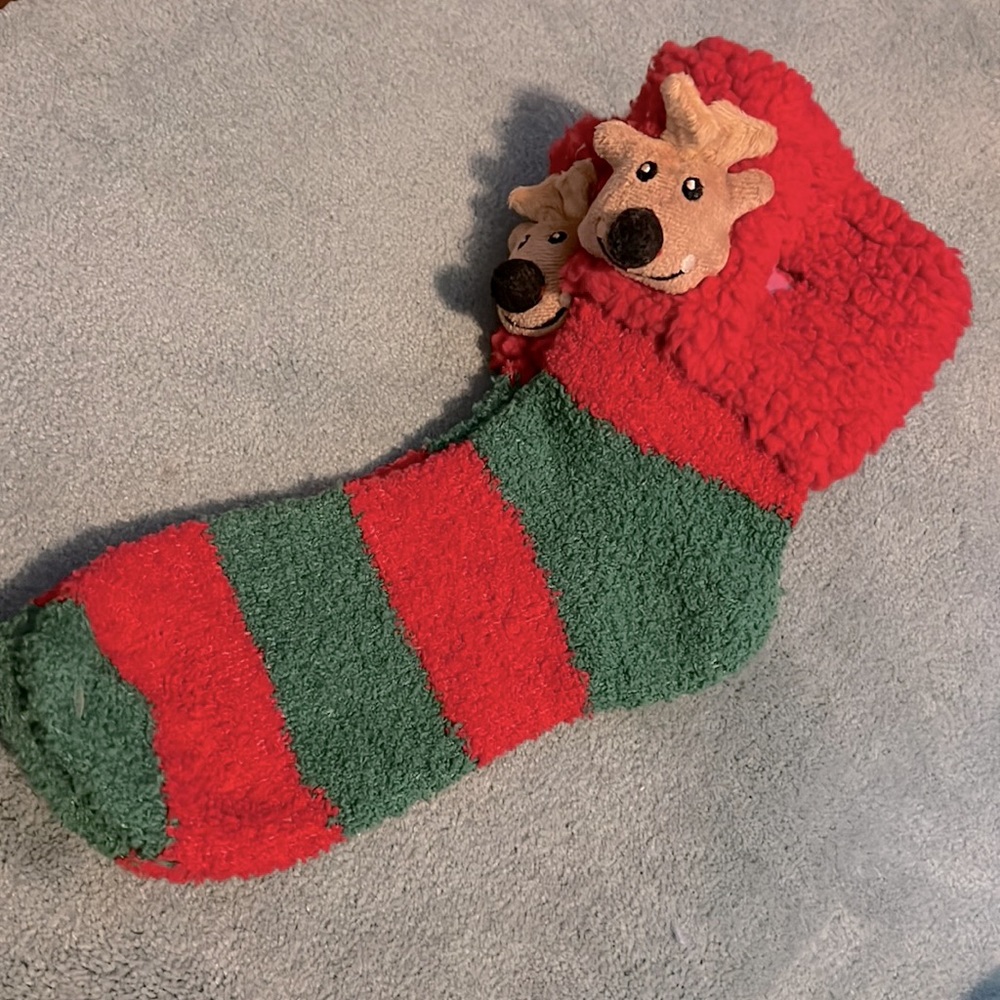 Reindeer Striped Red and Green Fuzzy Soft Faux Fur Tall Socks Xmas Holiday NEW